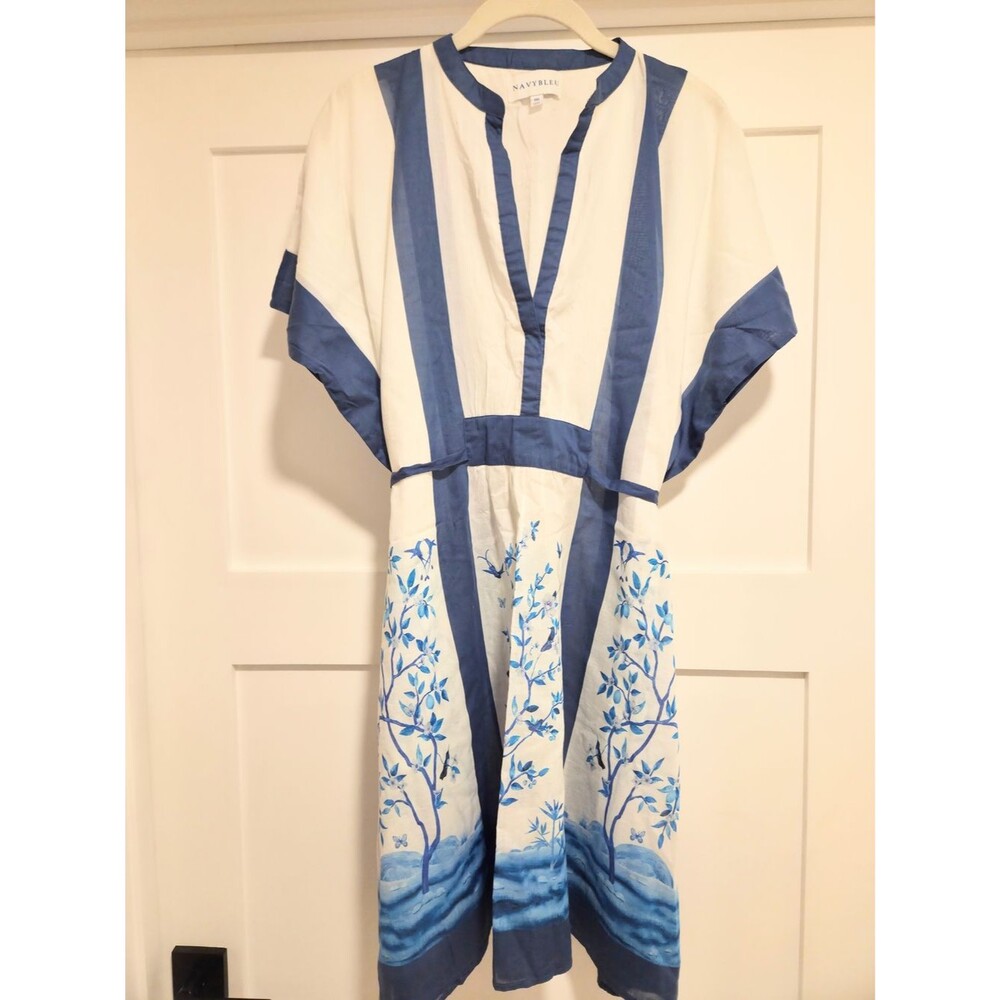 NAVYBLEU Blue White Chinoiserie Coastal Resort Kaftan swim Coverup Dress OS